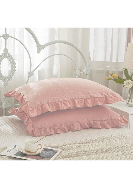 Yüzde Yüz Pamuklu Lilak Pembe Fırfırlı Iki Adet 50X70 Yastık Kılıfı Seti modelleri