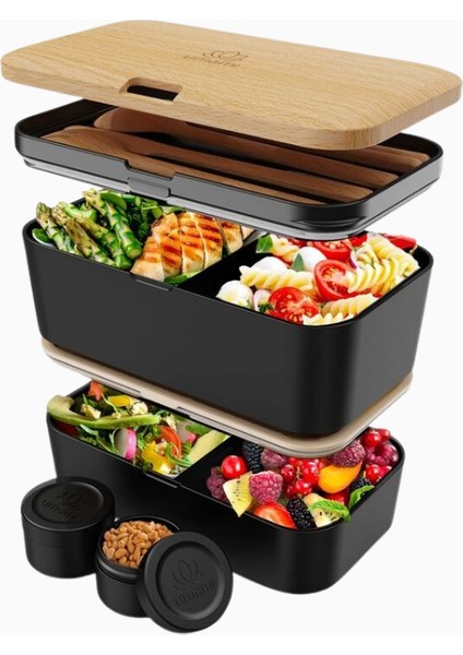 1500ML Çift Katlı Siyah Bento Kutusu - Kayın Ağacı Kapaklı, Sızdırmaz ve Mikrodalga Uyumlu modelleri
