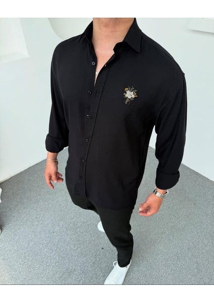 Çiçek Nakışlı Pamuk Keten Oversize Siyah Erkek Gömlek