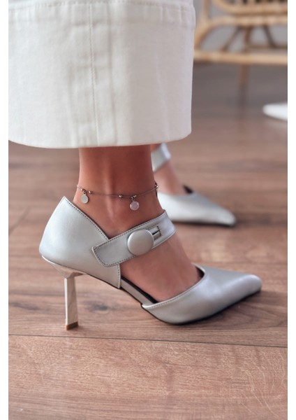 Wasord Mat Deri Düğme Detaylı Stiletto Gümüş indirimleri