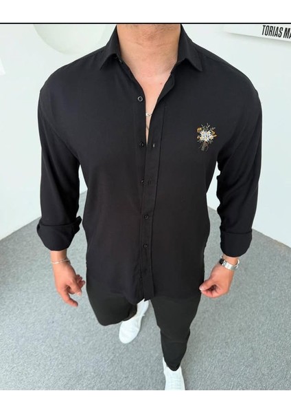 Çiçek Nakışlı Pamuk Keten Oversize Siyah Erkek Gömlek fiyatları