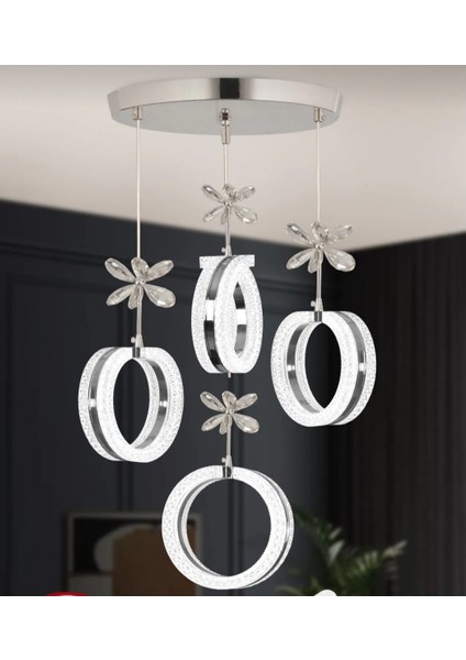 ALYA MODEL 4lü Krom Avize 3 Renk LED Secenegı SALON OTURMA ODASI AVİZE