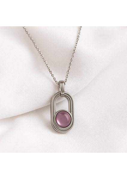 Zarif Gümüş Renk Oval Formlu Mor Taş Detaylı Kadın Kolye