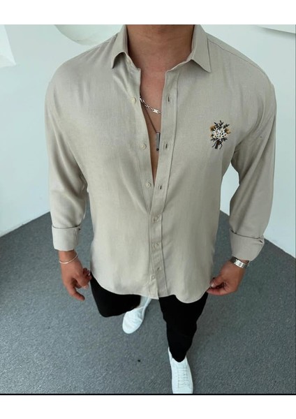 Çiçek Nakışlı Pamuk Keten Oversize Krem Erkek Gömlek