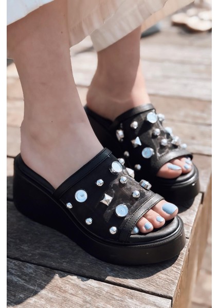 Palien Mat Siyah Zımba Detaylı Dolgu Topuklu Kadın Terlik fiyatları