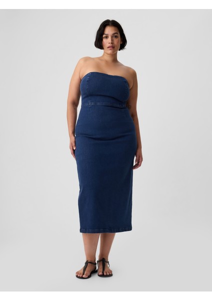 Kadın Mavi Straplez Denim Midi Elbise fırsatları