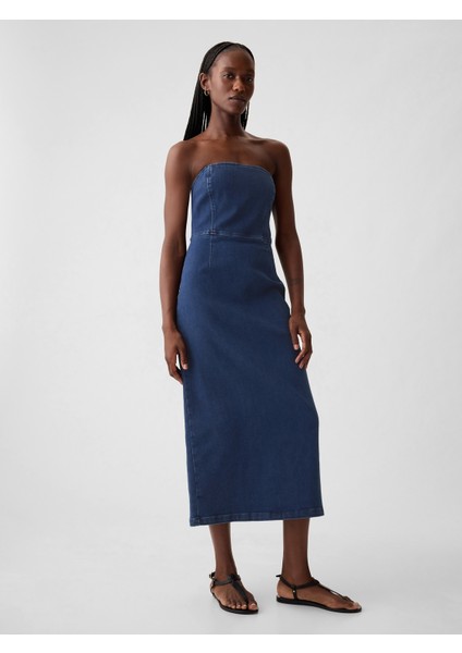Kadın Mavi Straplez Denim Midi Elbise
