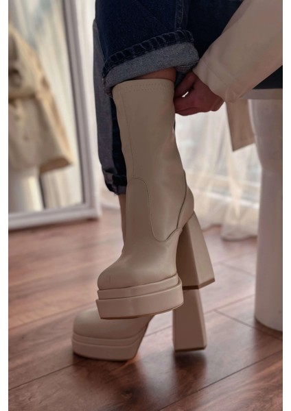 Lestina Kadın Streç Mat Deri Bot Bej modelleri