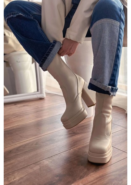 Lestina Kadın Streç Mat Deri Bot Bej indirimleri