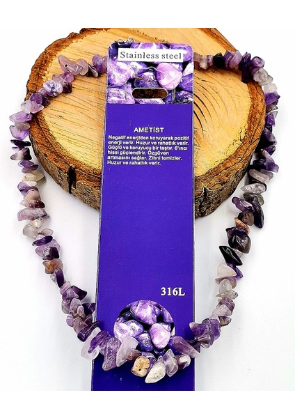 'ametist'' Doğal Taş Çelik Zincirli Lüks Kolye
