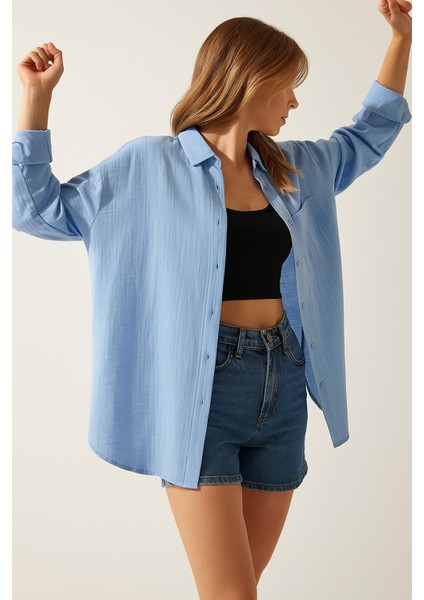 Oversize Cepli Müslin Kadın Gömlek