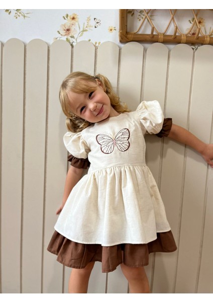 Kelebek Nakışlı Retro Kız Çocuk Elbise