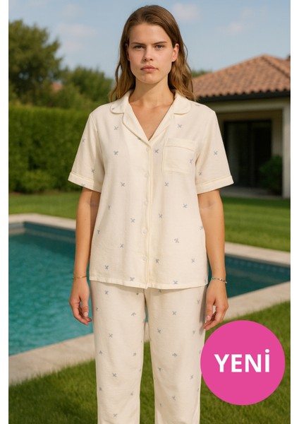 Kadın Kısa Kollu Aerobin Pijama Takımı – Hamile & Lohusa, Beyaz & Ekru