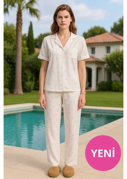 Kadın Kısa Kollu Aerobin Pijama Takımı – Hamile & Lohusa, Beyaz & Ekru