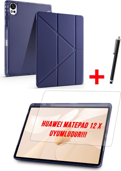 Huawei Matepad 12 x 2025 Uyumlu Trifolding Kalem Bölmeli Silikon Kılıf, Ekran Koruyucu ve Kalem Set