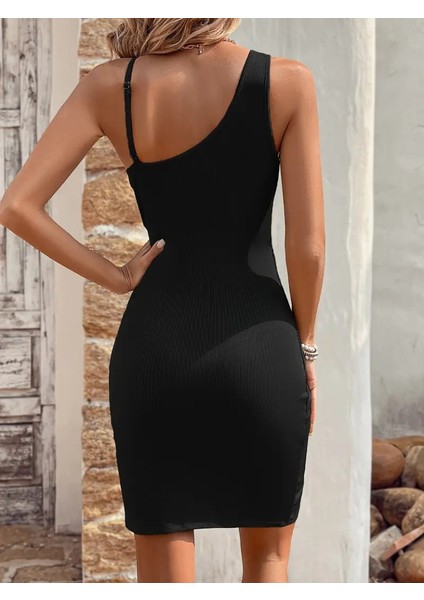 Kadın Tek Omuzu Ip Askılı Kruvaze Yakalı Belden Düğmeli Asimetrik Kesim Detaylı Kaşkorse Elbise S-M-Siyah modelleri