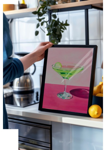 Siyah Çerçeveli Tablo, Yeşil Martini Bardak Illüstrasyonu, Mutfak Dekoru Poster No: 107990 modelleri