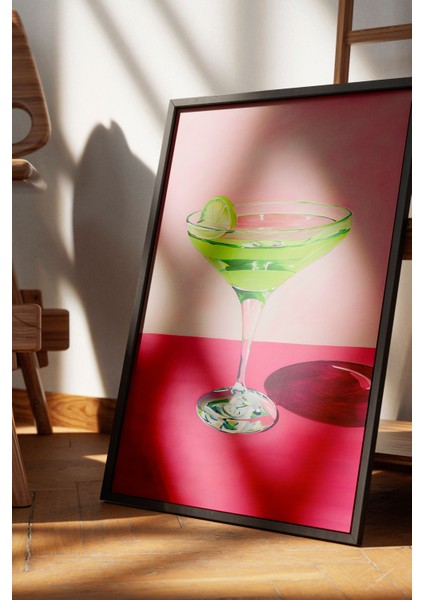 Siyah Çerçeveli Tablo, Yeşil Martini Bardak Illüstrasyonu, Mutfak Dekoru Poster No: 107990 fırsatları