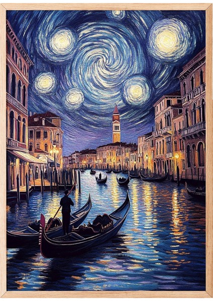 Ahşap Çerçeveli Tablo, Van Gogh Stili Yıldızlı Gece Sahil Yorumu, Salon Dekoru Poster No: 108466