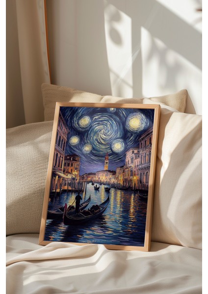 Ahşap Çerçeveli Tablo, Van Gogh Stili Yıldızlı Gece Sahil Yorumu, Salon Dekoru Poster No: 108466 indirimleri