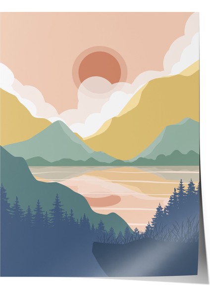 Çerçevesiz Poster, Turuncu Dağ Manzarası Minimal Çizim, Yatak Odası Dekoru Poster No: 107955