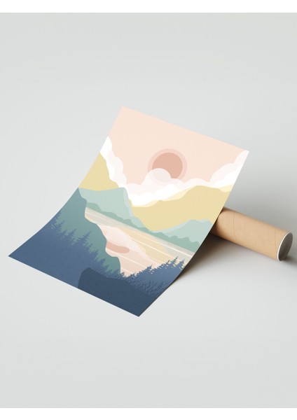 Çerçevesiz Poster, Turuncu Dağ Manzarası Minimal Çizim, Yatak Odası Dekoru Poster No: 107955 modelleri