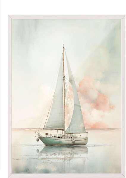 Beyaz Çerçeveli Tablo, Yelkenli Tekne Pastel Tonlarda, Yatak Odası Dekoru Poster No: 108079