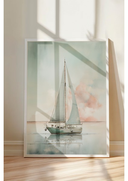 Beyaz Çerçeveli Tablo, Yelkenli Tekne Pastel Tonlarda, Yatak Odası Dekoru Poster No: 108079 modelleri