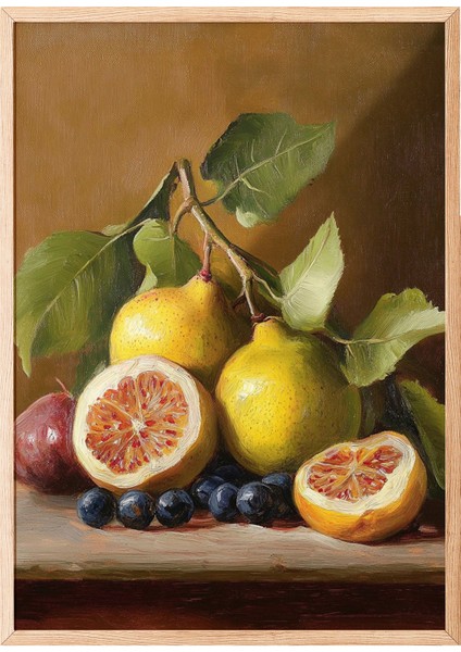 Ahşap Çerçeveli Tablo, Fresh Meyve Detaylı Realistik Çizim, Mutfak Dekoru Poster No: 108587