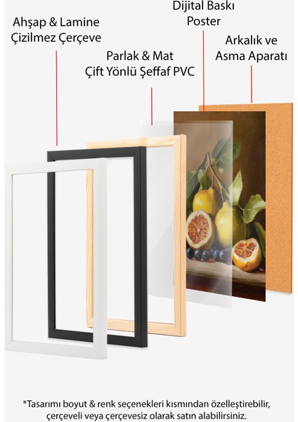 Ahşap Çerçeveli Tablo, Fresh Meyve Detaylı Realistik Çizim, Mutfak Dekoru Poster No: 108587