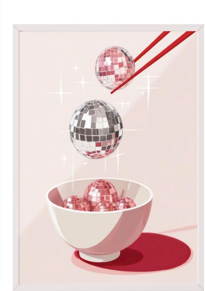 Beyaz Çerçeveli Tablo, Üçlü Tatlı Kup – Pembe Arka Plan, Mutfak Dekoru Poster No: 109444