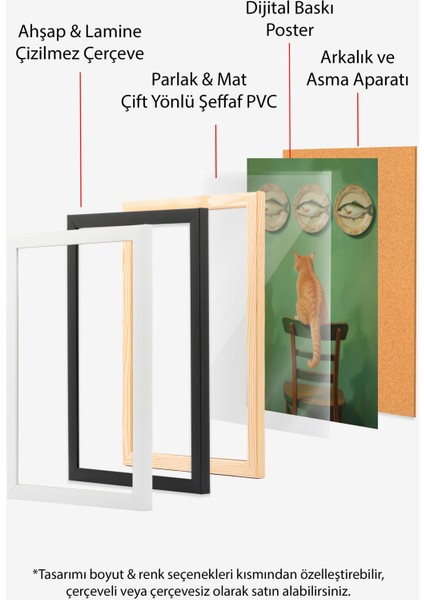 Ahşap Çerçeveli Tablo, Sandalye Üstünde Kedi–yeşil Arka Plan, Yatak Odası Dekoru Poster No: 108102