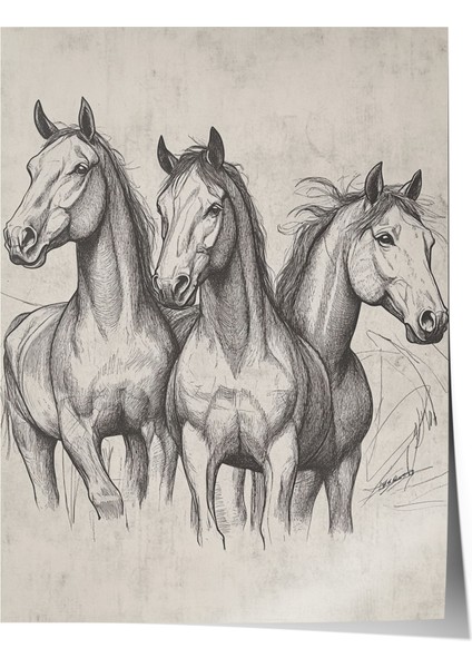Çerçevesiz Poster, Üçlü At Eskiz Çizimi – Siyah Beyaz, Ofis Dekoru Poster No: 108664