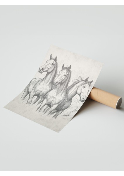 Çerçevesiz Poster, Üçlü At Eskiz Çizimi – Siyah Beyaz, Ofis Dekoru Poster No: 108664 modelleri