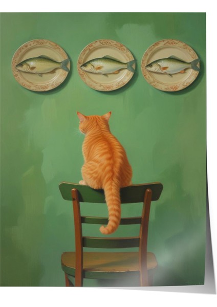 Çerçevesiz Poster, Sandalye Üstünde Kedi–yeşil Arka Plan, Yatak Odası Dekoru Poster No: 108102