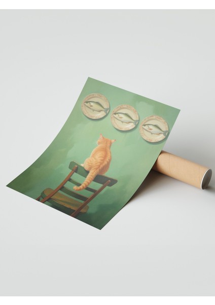 Çerçevesiz Poster, Sandalye Üstünde Kedi–yeşil Arka Plan, Yatak Odası Dekoru Poster No: 108102 modelleri