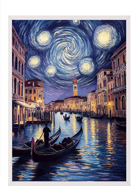 Beyaz Çerçeveli Tablo, Van Gogh Stili Yıldızlı Gece Sahil Yorumu, Salon Dekoru Poster No: 108466