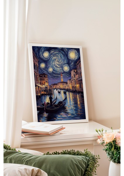 Beyaz Çerçeveli Tablo, Van Gogh Stili Yıldızlı Gece Sahil Yorumu, Salon Dekoru Poster No: 108466 fiyatları