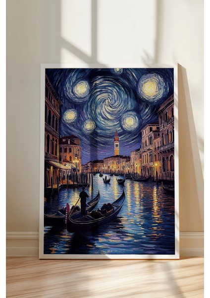 Beyaz Çerçeveli Tablo, Van Gogh Stili Yıldızlı Gece Sahil Yorumu, Salon Dekoru Poster No: 108466 modelleri