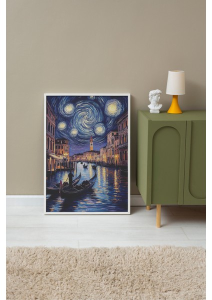 Beyaz Çerçeveli Tablo, Van Gogh Stili Yıldızlı Gece Sahil Yorumu, Salon Dekoru Poster No: 108466 fırsatları