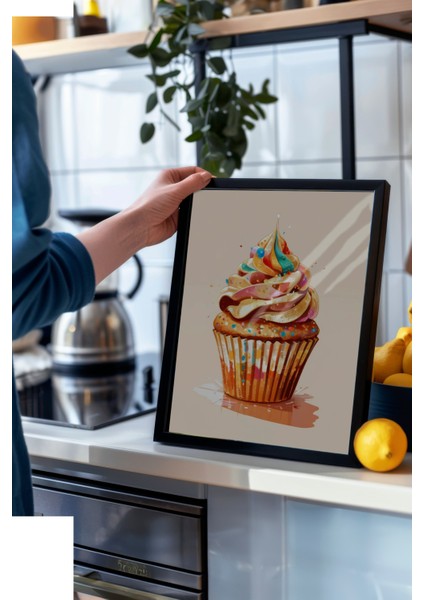 Siyah Çerçeveli Tablo, Cupcake Illüstrasyonu – Renkli Tatlı, Mutfak Dekoru Poster No: 109426 modelleri