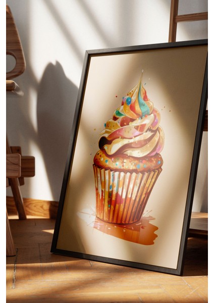 Siyah Çerçeveli Tablo, Cupcake Illüstrasyonu – Renkli Tatlı, Mutfak Dekoru Poster No: 109426 fırsatları