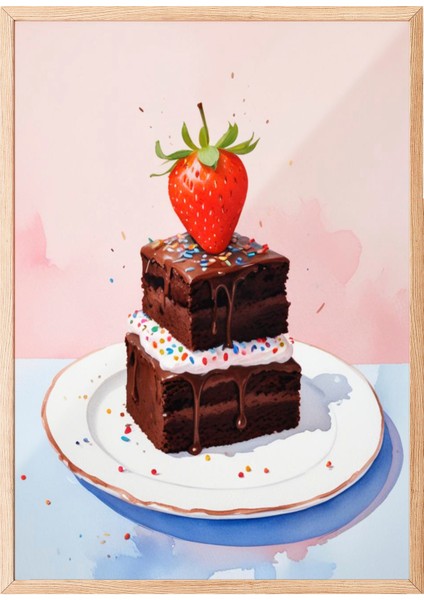 Ahşap Çerçeveli Tablo, Çilekli Pasta Detaylı Gerçekçi Stil, Mutfak Dekoru Poster No: 109461