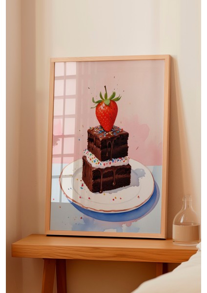 Ahşap Çerçeveli Tablo, Çilekli Pasta Detaylı Gerçekçi Stil, Mutfak Dekoru Poster No: 109461 fiyatları