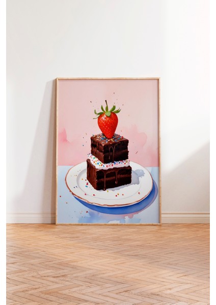 Ahşap Çerçeveli Tablo, Çilekli Pasta Detaylı Gerçekçi Stil, Mutfak Dekoru Poster No: 109461 modelleri