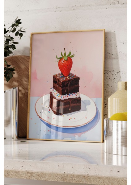 Ahşap Çerçeveli Tablo, Çilekli Pasta Detaylı Gerçekçi Stil, Mutfak Dekoru Poster No: 109461 fırsatları
