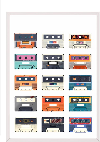 Beyaz Çerçeveli Tablo, Renkli Kaset Çizimi – Retro Tarz, Genç Odası Dekoru Poster No: 108055