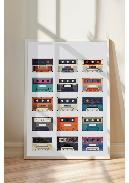Beyaz Çerçeveli Tablo, Renkli Kaset Çizimi – Retro Tarz, Genç Odası Dekoru Poster No: 108055 modelleri