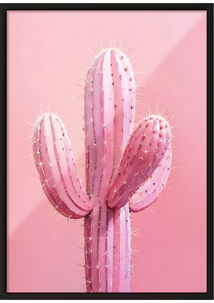 Siyah Çerçeveli Tablo, Pembe Kaktüs Minimal Çizim, Yatak Odası Dekoru Poster No: 109393