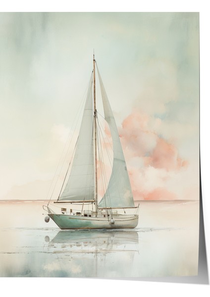 Çerçevesiz Poster, Yelkenli Tekne Pastel Tonlarda, Yatak Odası Dekoru Poster No: 108079